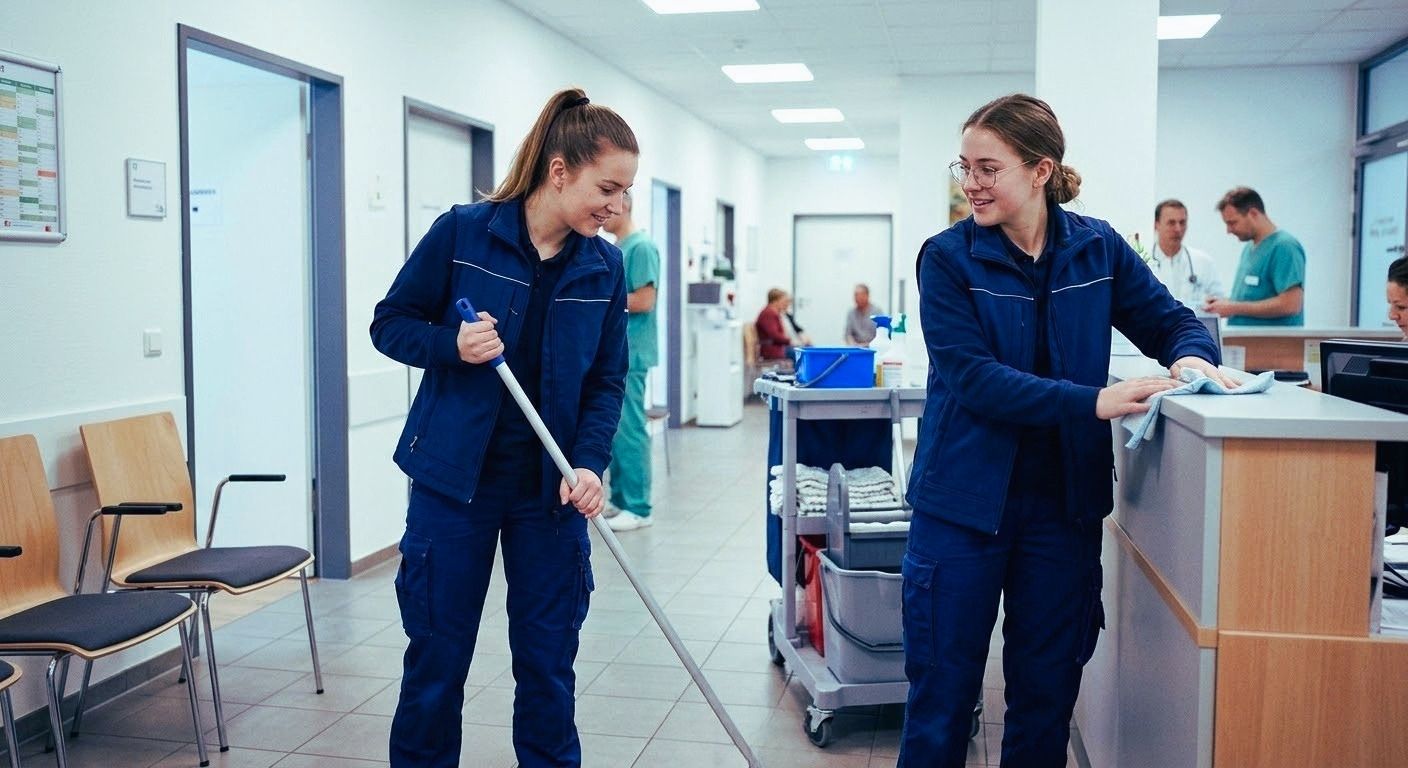 Gesundheit und Pflege Reinigungskräfte säubern einen hellen Flur in einer medizinischen Einrichtung mit Mopp und Reinigungswagen.