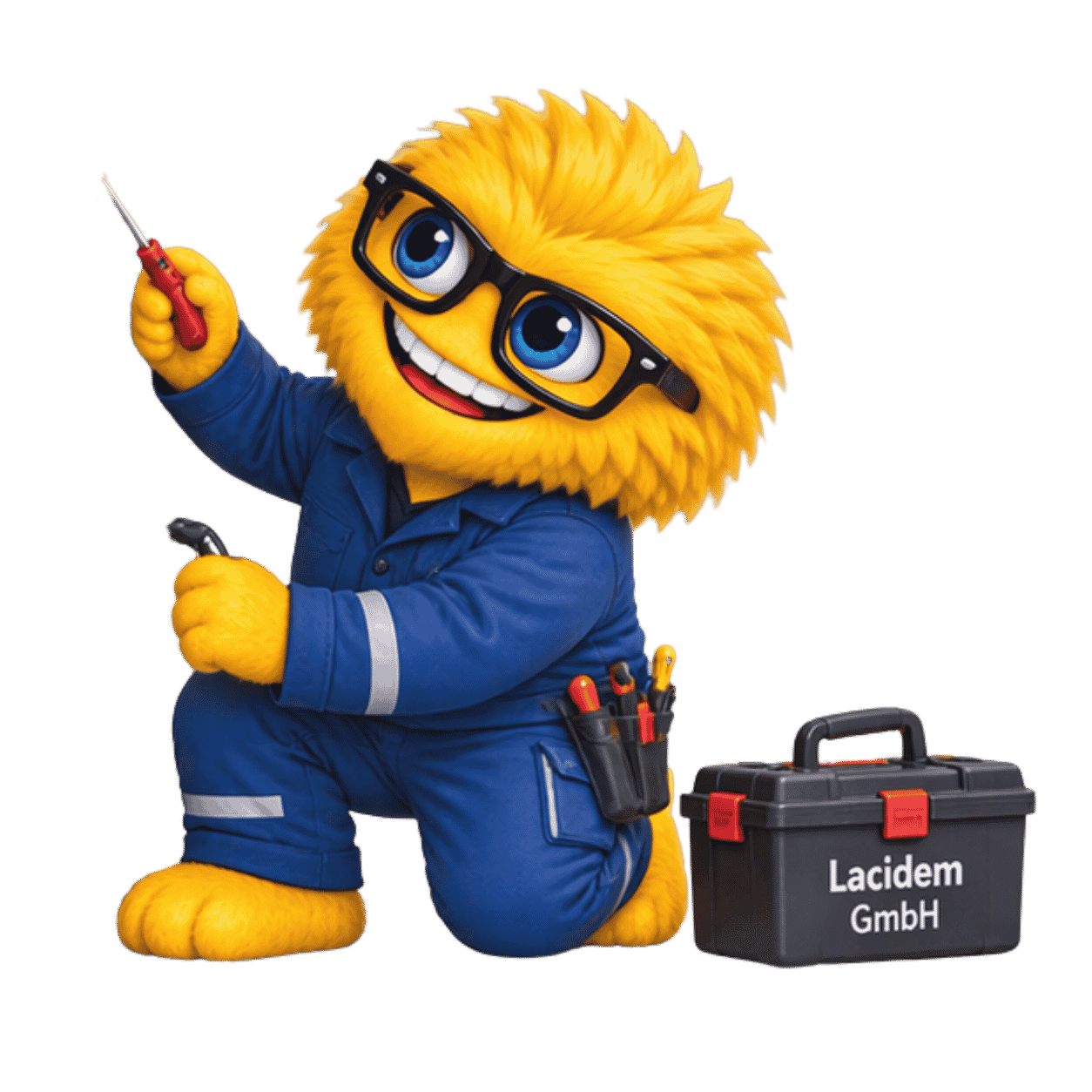 Gelber, freundlicher Cartoon‑Techniker in blauer Arbeitskleidung mit Werkzeugen, der neben einer schwarzen Werkzeugkiste mit dem Schriftzug „Lacidem GmbH“ kniet und Reparaturarbeiten symbolisiert.