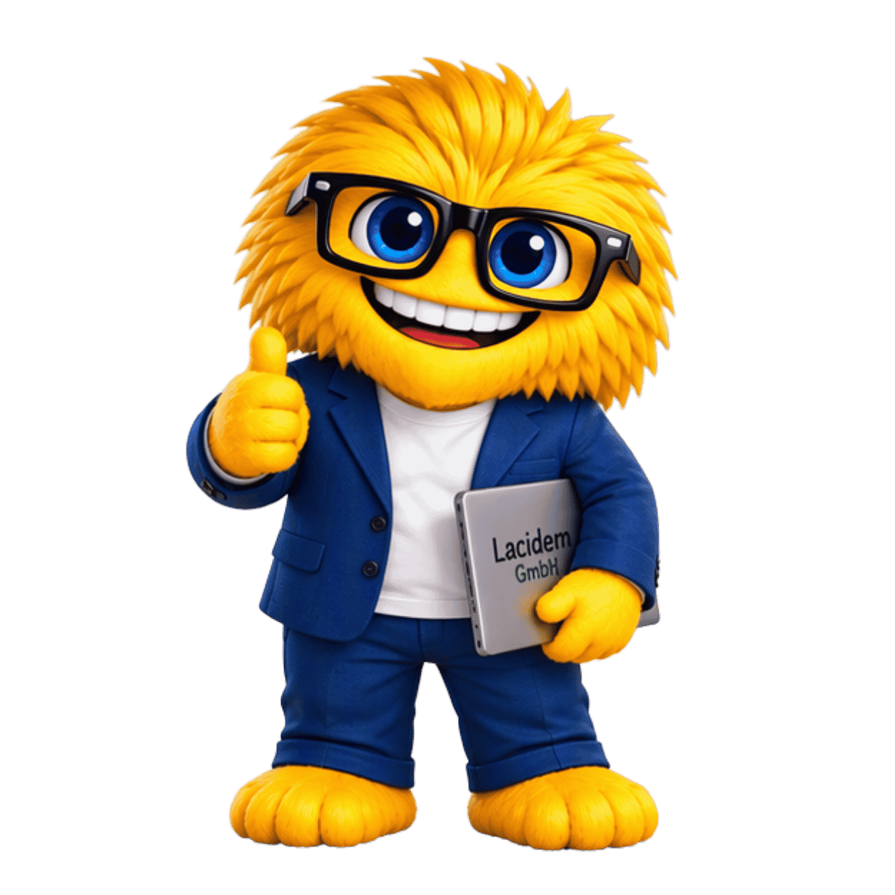 Lacidem Gelber cartoonartiger Charakter mit Brille und blauem Anzug, der einen grauen Laptop mit der Aufschrift „Lacidemia GmbH“ hält und lächelnd den Daumen hebt.