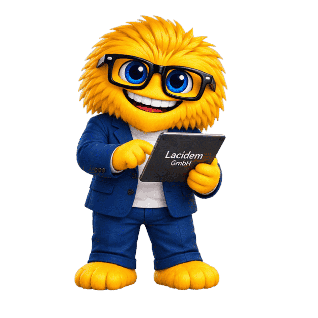 Gelber cartoonartiger Charakter mit Brille und blauem Anzug, der ein schwarzes Tablet mit der Aufschrift „Lacidem GmbH“ hält.