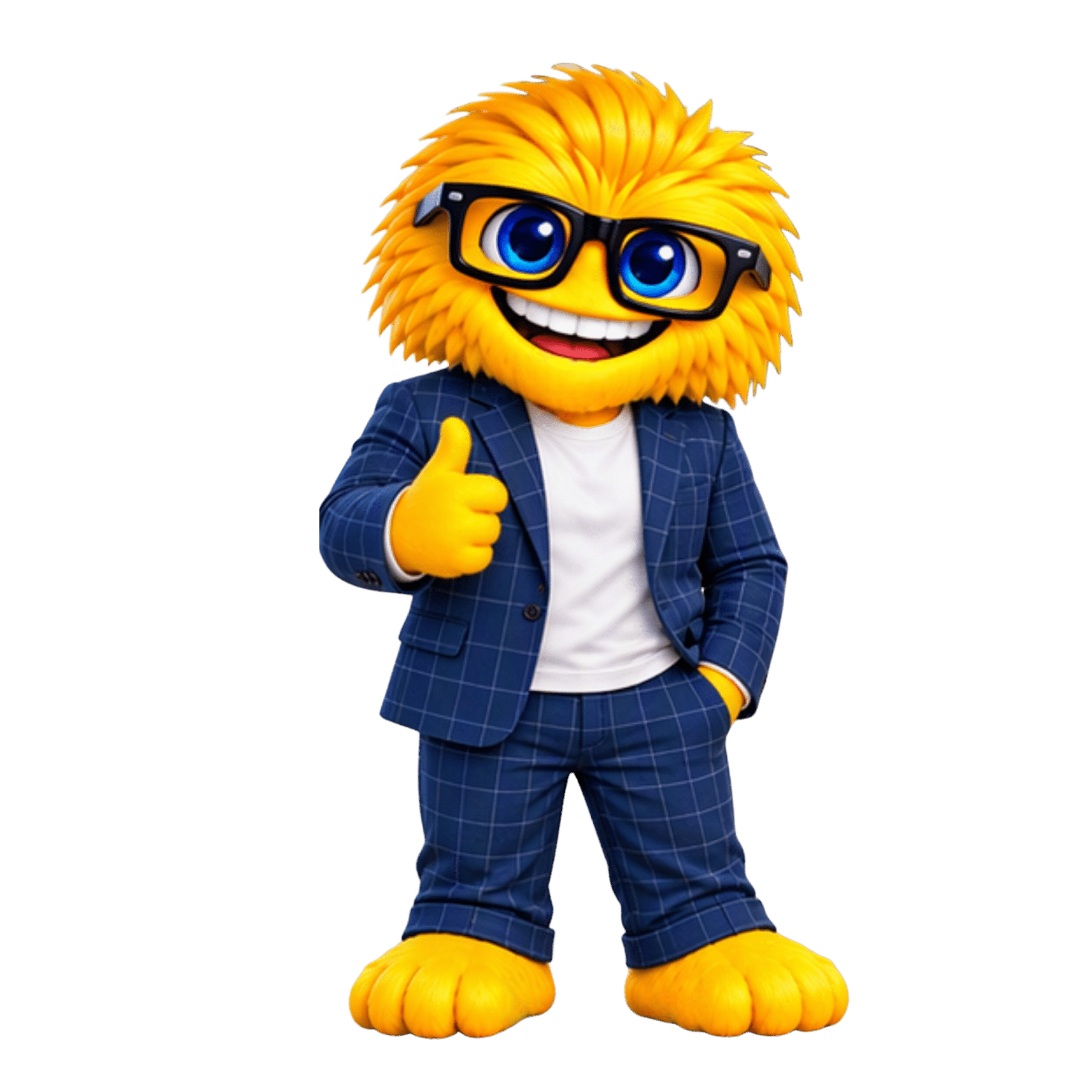 Gelbes, flauschiges 3D-Cartoon-Maskottchen mit schwarzer Brille, blauem kariertem Anzug und weißem T-Shirt, das lächelnd einen Daumen nach oben zeigt.