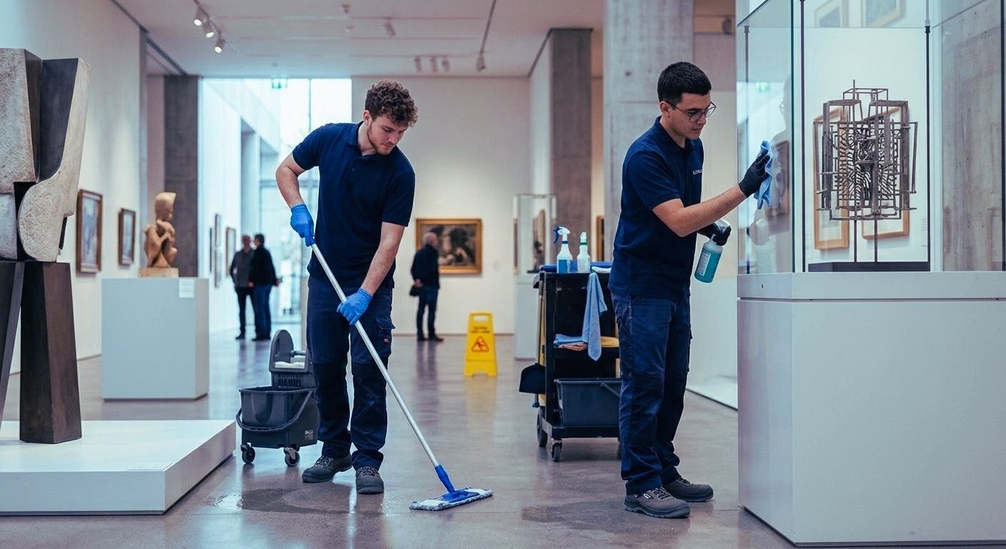 Reinigungskräfte säubern einen Museumsraum mit Mopp und Glasreinigung, um Ausstellungsflächen hygienisch und gepflegt zu halten.