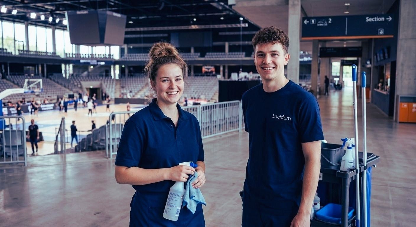 Reinigungskräfte pflegen einen modernen Sporthallenbereich mit Reinigungswagen und Equipment, während im Hintergrund ein Basketballtraining stattfindet.