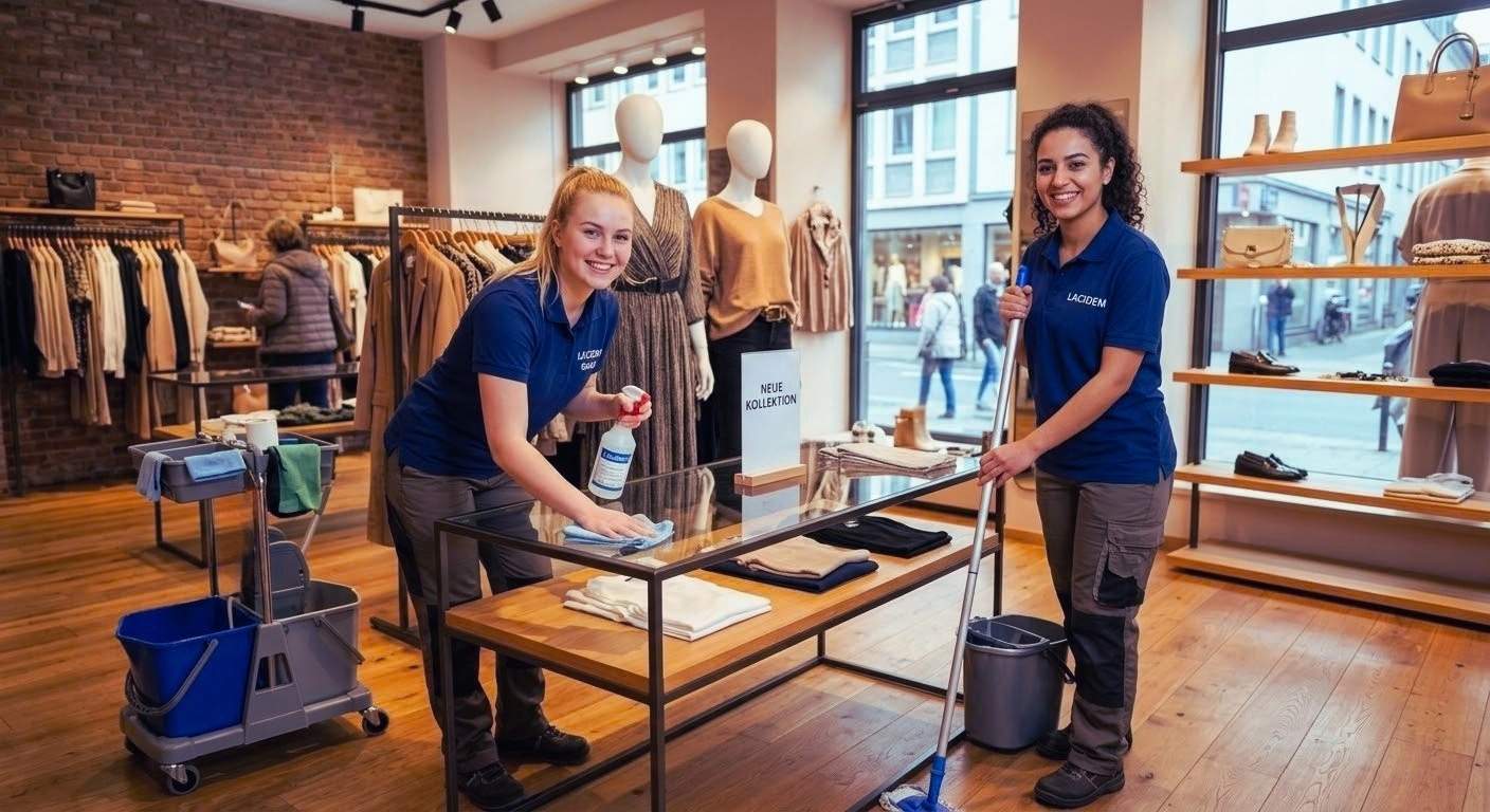 Einzelhandel Reinigungskräfte säubern einen Mode‑Store mit Mopp und Glasreinigung, damit Verkaufsflächen sauber, sicher und präsentationsbereit bleiben.
