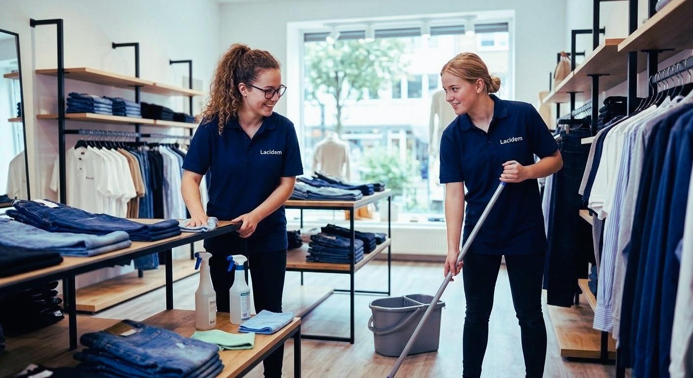 Einzelhandel Reinigungskräfte säubern einen Mode‑Store mit Glasreinigung und Bodenpflege, damit Verkaufsflächen sauber, sicher und kundenbereit bleiben.