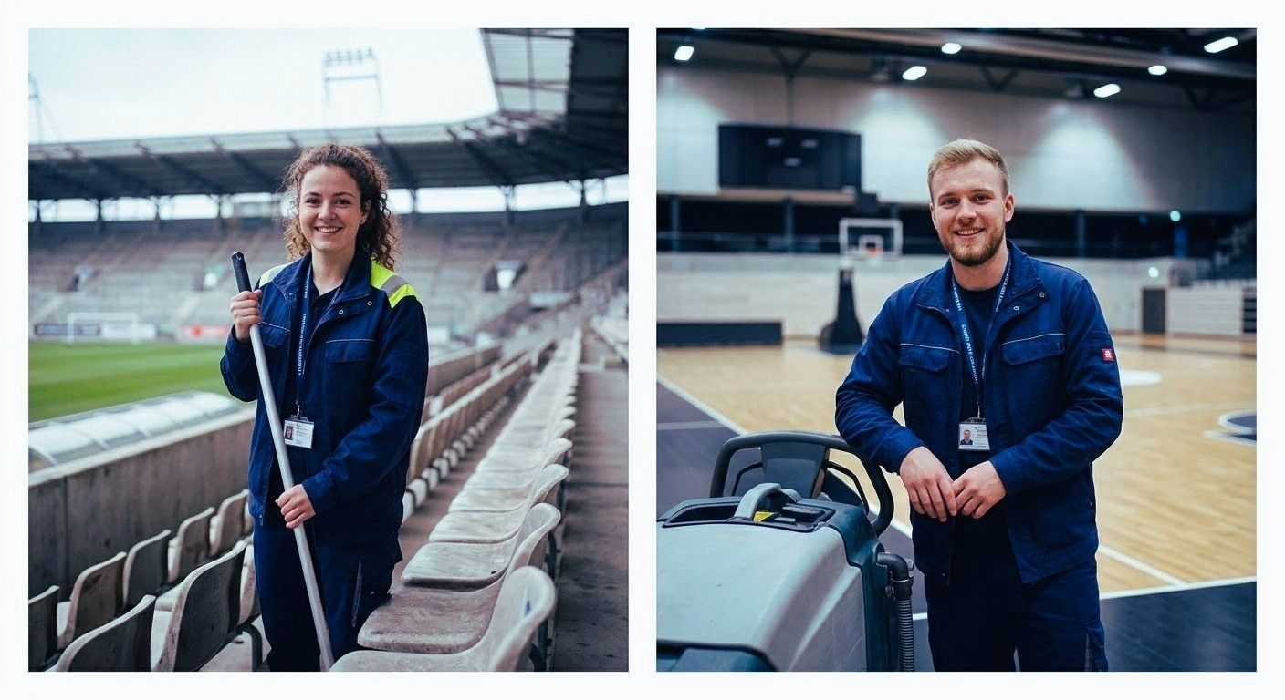 Reinigungskräfte pflegen Tribünen‑ und Hallenbereiche in Sportstätten, um Zuschauerzonen und Spielflächen sauber, sicher und einsatzbereit zu halten.