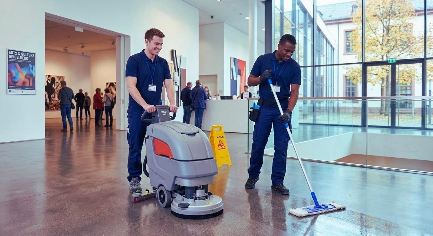 Reinigungskräfte säubern einen modernen Innenbereich mit Bodenmaschine und Mopp, um Besucherflächen hygienisch und sicher zu halten.
